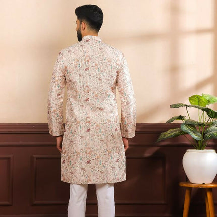 Beige Art Silk Digital Printed, Embroidery Work Kurta Set - Mahotsav