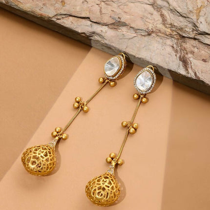 Glass Kundan Antique finish Long Earrings - Ruby Raang