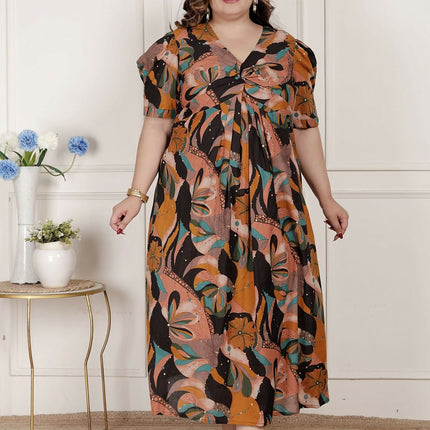 Miravan Womens Plus Size Pure Cotton Black Puff Sleeve Floral Printed Butterfly Maxi Dress
