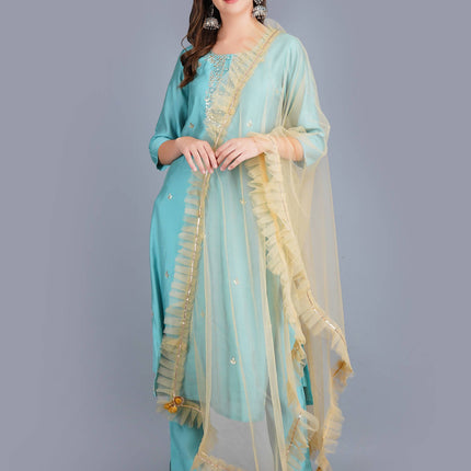 Shehnaai Blue Formal Muslin Suit With A Net Dupatta