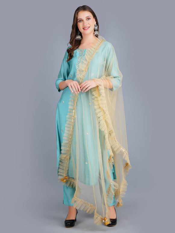 Shehnaai Blue Formal Muslin Suit With A Net Dupatta