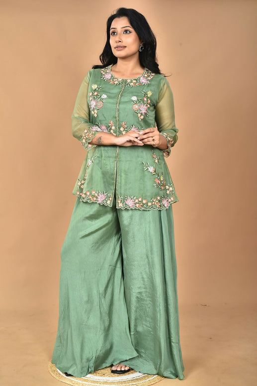 Morchari Women And Hand Embroidery Palazzo Set-Green