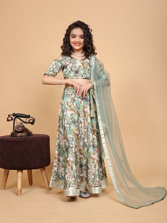 Divine Drape Girls Chinon Green Printed Kids Lehenga Choli With Dupatta