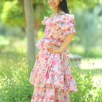 LH Luxury Fashion Glam Tiered Dress – Elegant Floral Long Dress for Girls