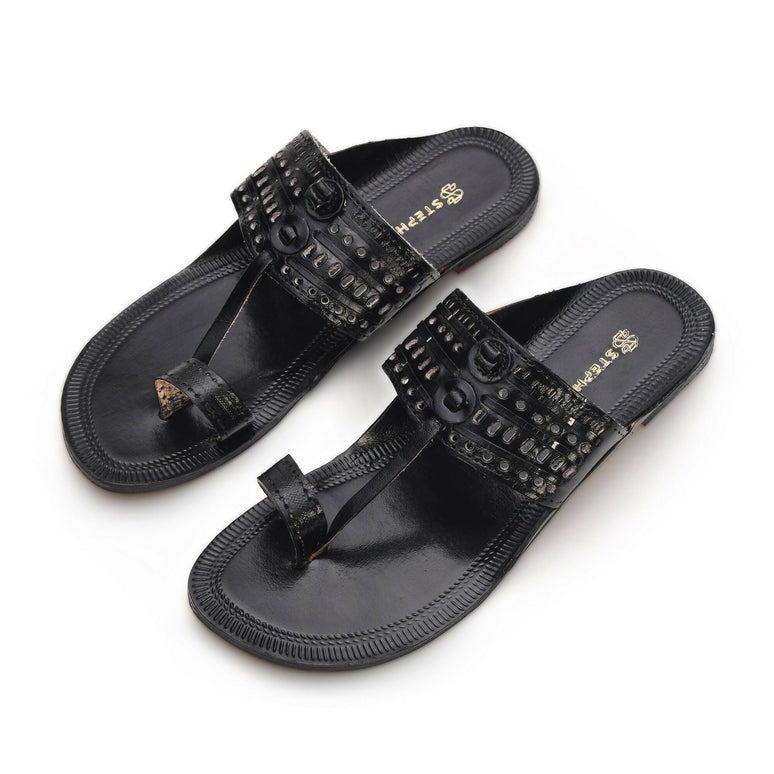 Stepsoft Men'S Leather Kolhapuri Chappals – Handcrafted Ethnic Flats (Black)