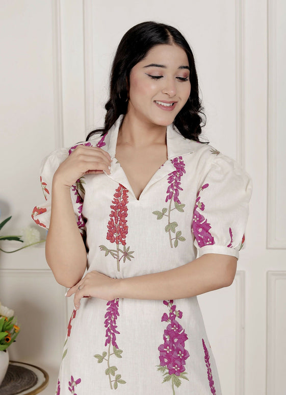 Miravan Womens Off White Flower Printed Cotton Flex Maxi Dress