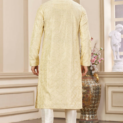 Raivat Ethnic Men's Art Silk Thread Work Kurta Pyjama In Yellow Colour