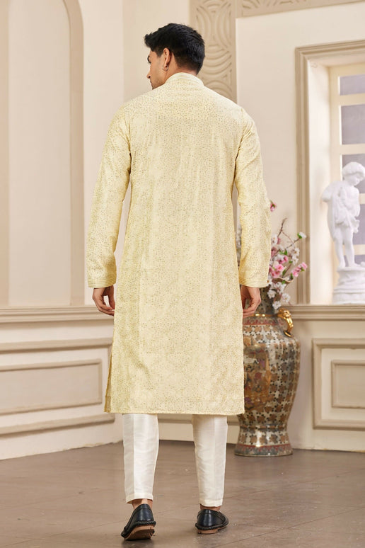Raivat Ethnic Men's Art Silk Thread Work Kurta Pyjama In Yellow Colour