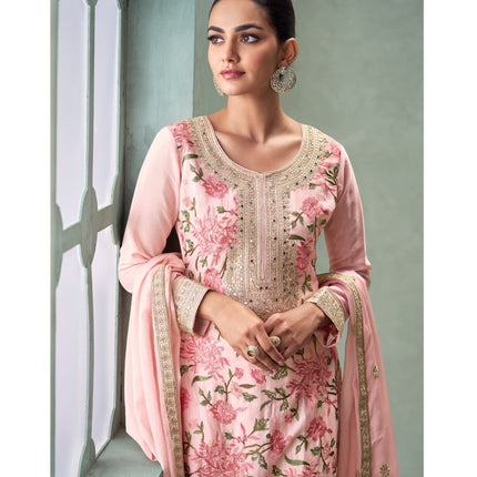 Aarshi Fashions Light Pink Chinon Heavy Embroidery Wedding Palazzo Suit