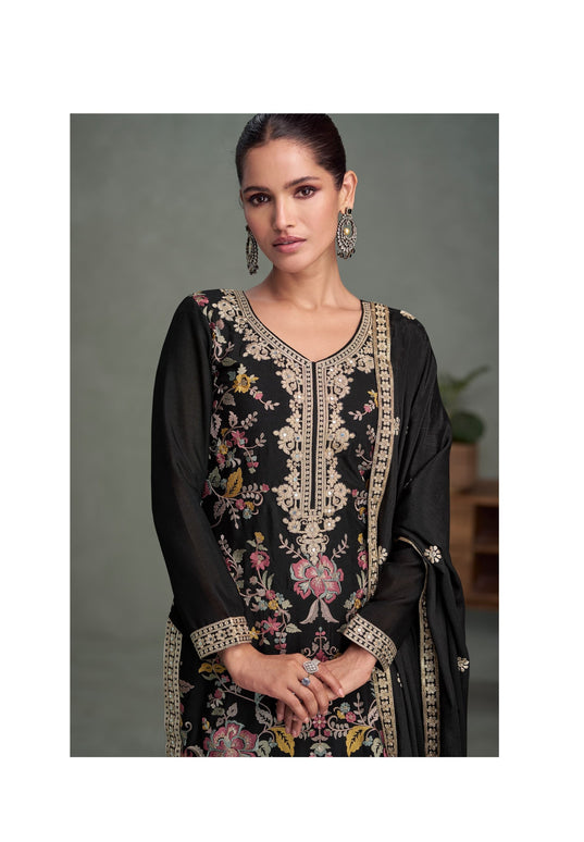 Aarshi Fashions Black Chinon Heavy Embroidery Wedding Palazzo Suit
