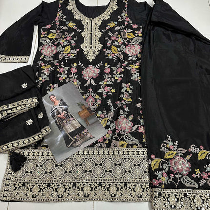 Aarshi Fashions Black Chinon Heavy Embroidery Wedding Palazzo Suit