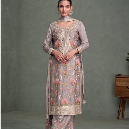 Aarshi Fashions Light Purple Chinon Heavy Embroidery Wedding Palazzo Suit