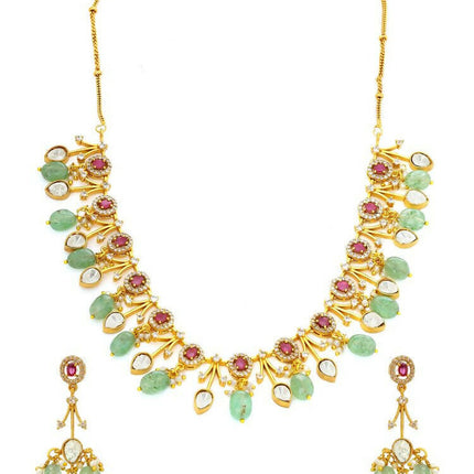 Natural Stones Antique Finish Earrings and Choker Necklace set - Ruby Raang