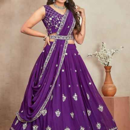 Aastha Fashion Purple Heavy Georgette Embroidery Zari / Sequence Work Semi Stitched Wedding Wear Lehenga Choli