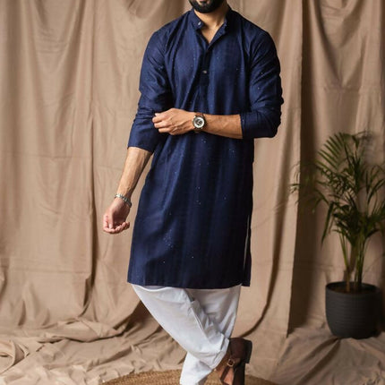 Navy Blue Rayon Thread Embroidery Work Kurta Set - Mahotsav