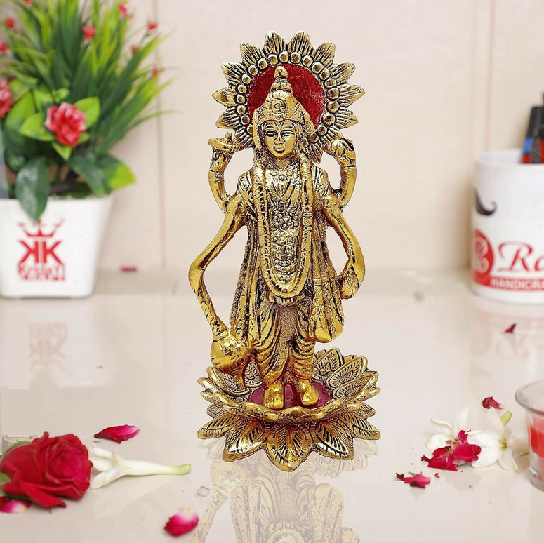 Kridaykraft Gold-Polished Narayan/Vishnu Standing On Lotus Metal Statue