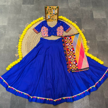 Aastha Fashion Blue Rayon Multi Colour Samosa Lace Semi Stitched Wedding Wear Lehenga Choli