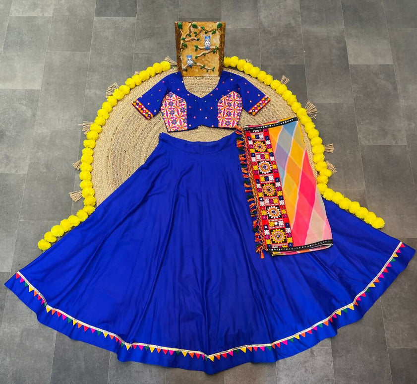 Aastha Fashion Blue Rayon Multi Colour Samosa Lace Semi Stitched Wedding Wear Lehenga Choli