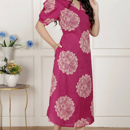 Miravan Womens Pink Printed Collar Neck Short Puff Sleeves Cotton A-Line Maxi Dress