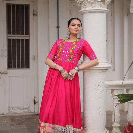 Lorenvalley Fashion Pink Roman Silk with Thread with mirror work & Maslin Crochet Print Work Gown