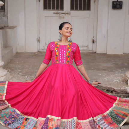 Lorenvalley Fashion Pink Roman Silk with Thread with mirror work & Maslin Crochet Print Work Gown