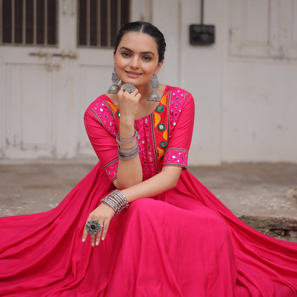 Lorenvalley Fashion Pink Roman Silk with Thread with mirror work & Maslin Crochet Print Work Gown