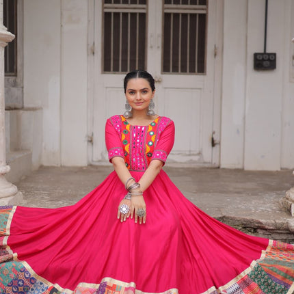 Lorenvalley Fashion Pink Roman Silk with Thread with mirror work & Maslin Crochet Print Work Gown