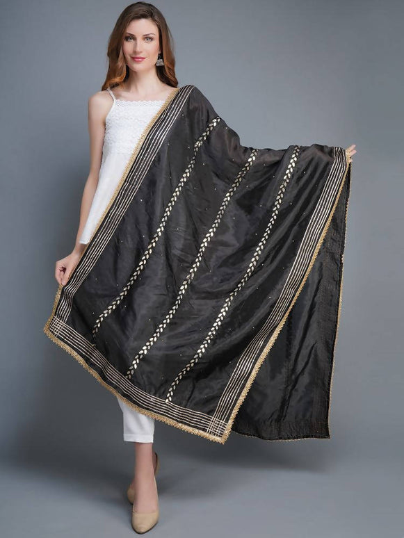 Shehnaai Black Artsilk Dupatta With Sarwoski And Gota Aari Embroidery