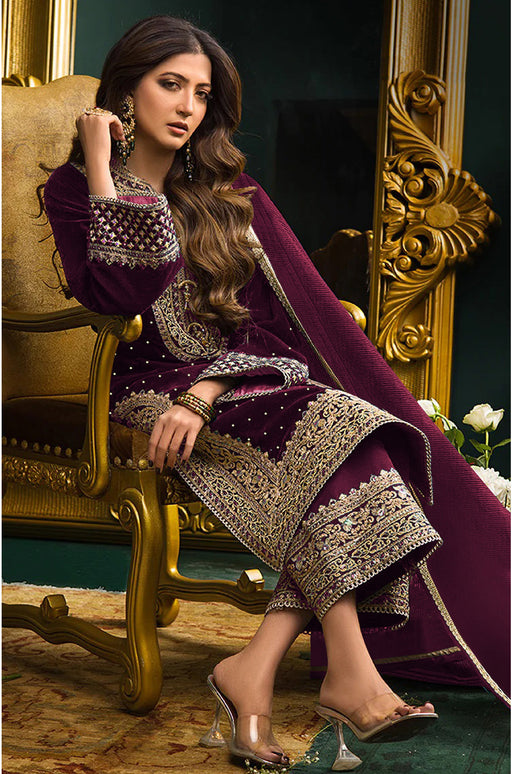 Lorenvalley Fashion Women Purple Velvet Embroidered Salwar Suit Material