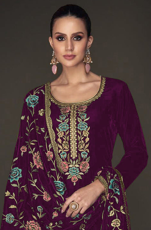 Lorenvalley Fashion Women Purple Velvet Embroidered Salwar Suit Material