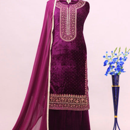 Lorenvalley Fashion Women Purple Velvet Embroidered Salwar Suit Material