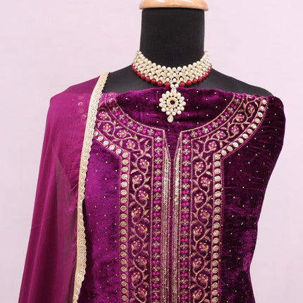 Lorenvalley Fashion Women Purple Velvet Embroidered Salwar Suit Material
