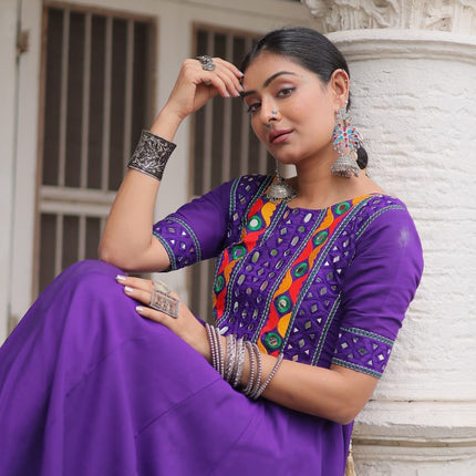 Lorenvalley Fashion Purple Roman Silk with Thread with mirror work & Maslin Crochet Print Work Gown