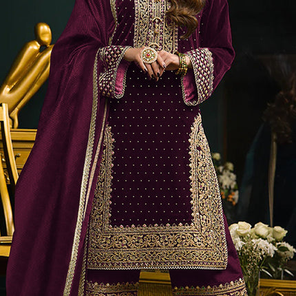 Lorenvalley Fashion Women Purple Velvet Embroidered Salwar Suit Material