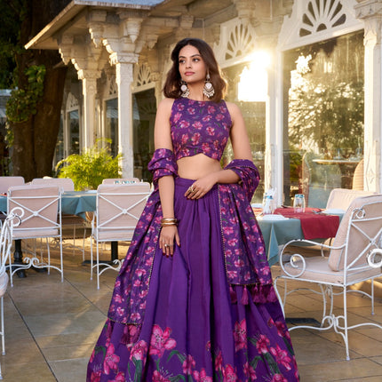 Lorenvalley Purple Tussar Silk Floral Print With Foil Work Lehenga Choli with Dupatta