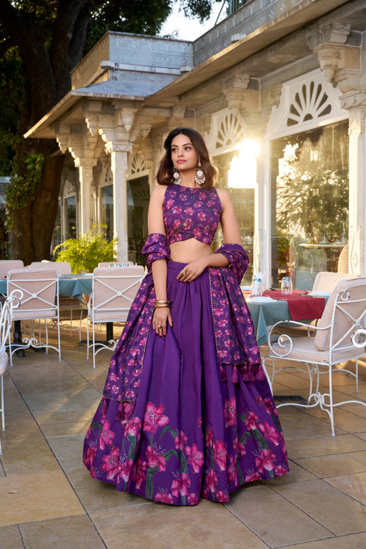Lorenvalley Purple Tussar Silk Floral Print With Foil Work Lehenga Choli with Dupatta