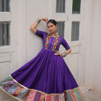 Lorenvalley Fashion Purple Roman Silk with Thread with mirror work & Maslin Crochet Print Work Gown