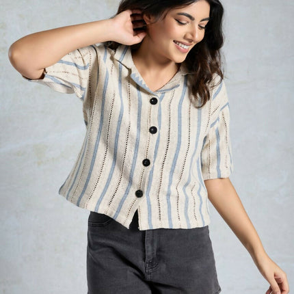 Blue Knited Wevon Designer Shirt - Hiral Fashion