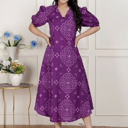 Miravan Womens Purple Bandhani Printed A-Line Maxi Dress