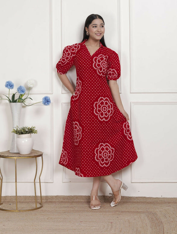 Miravan Womens Red Bandhani Printed Collar Neck Maxi Dress