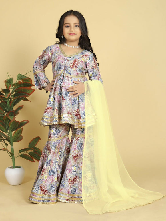 Divine Drape Girls Muslin MultiColour Printed Straight Kids Kurta Sharara With Dupatta