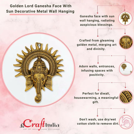 eCraftIndia Golden Lord Ganesha With Sun Decorative Metal Wall Hanging