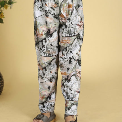 Divine Drape Girls Roman Slub Grey Printed Straight Kids Kurta Pant With Dupatta