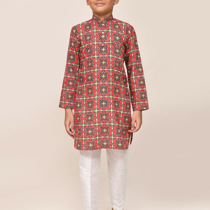 Joban Fashion Cotton Red Kurta With Straight Fit Pant