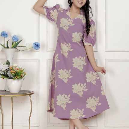 Miravan Womens Lavender Floral Printed A-Line Maxi Dress