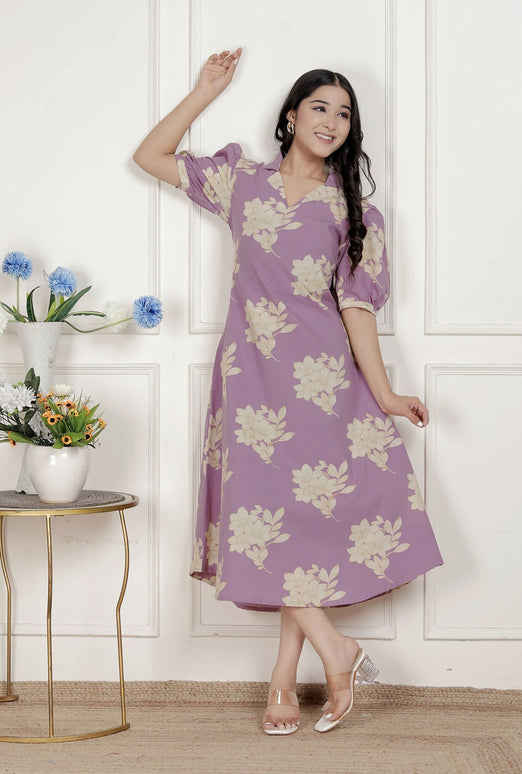 Miravan Womens Lavender Floral Printed A-Line Maxi Dress