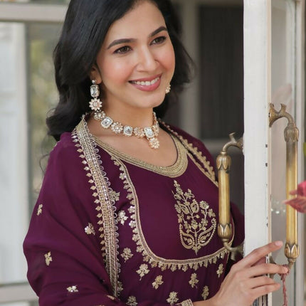 Aastha Fashion Wine Faux Blooming Georgette Sequins Embroidered work Party Wear Designer Gown