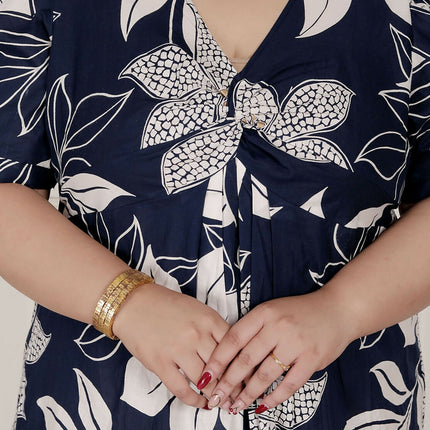 Miravan Womens Plus Size Blue Flower Printed Puff Sleeve Cotton Butterfly Maxi Dress