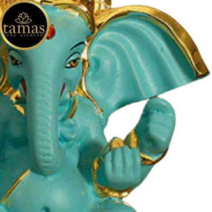 Tamas Gold-Polished Gaj Karna Ganesh Idol Flora Blue & Gold Color