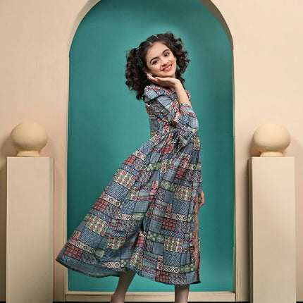 Divine Drape Girls Muslin Blue Printed Kids Anarkali Gown